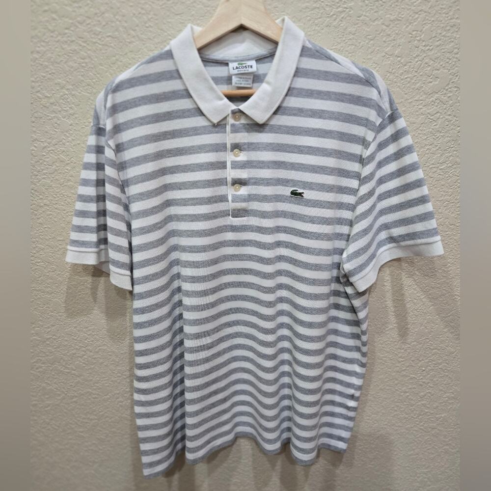 Vintage Lacoste Striped Polo Shirt Grey White Croc Logo